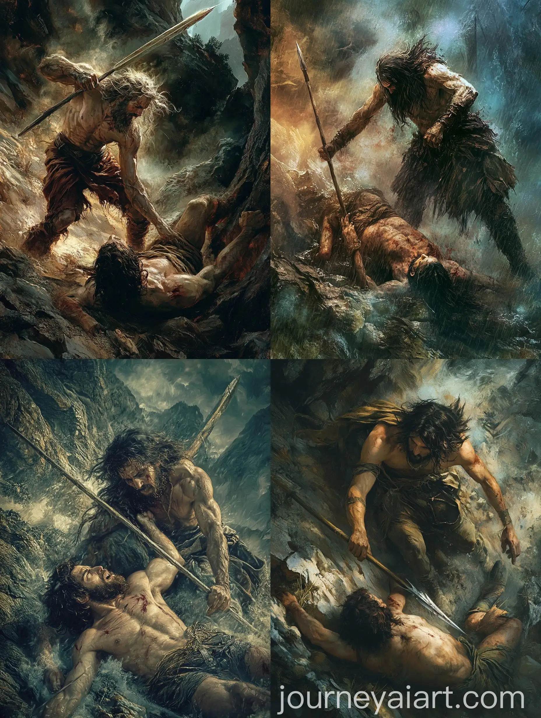 Biblical-Cain-and-Abel-Painting-Dramatic-Spear-Stabbing-Scene