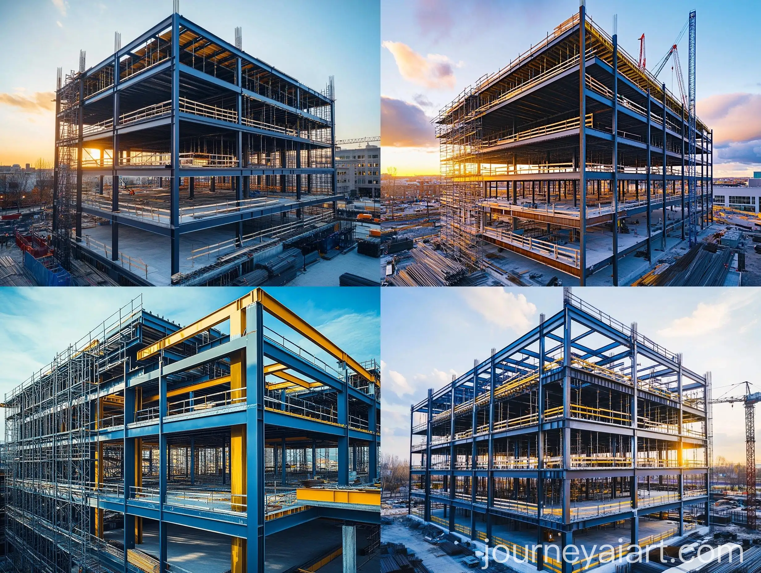 Aerial-View-of-Steel-Frame-Building-Under-Construction-with-Cranes-and-Scaffolding