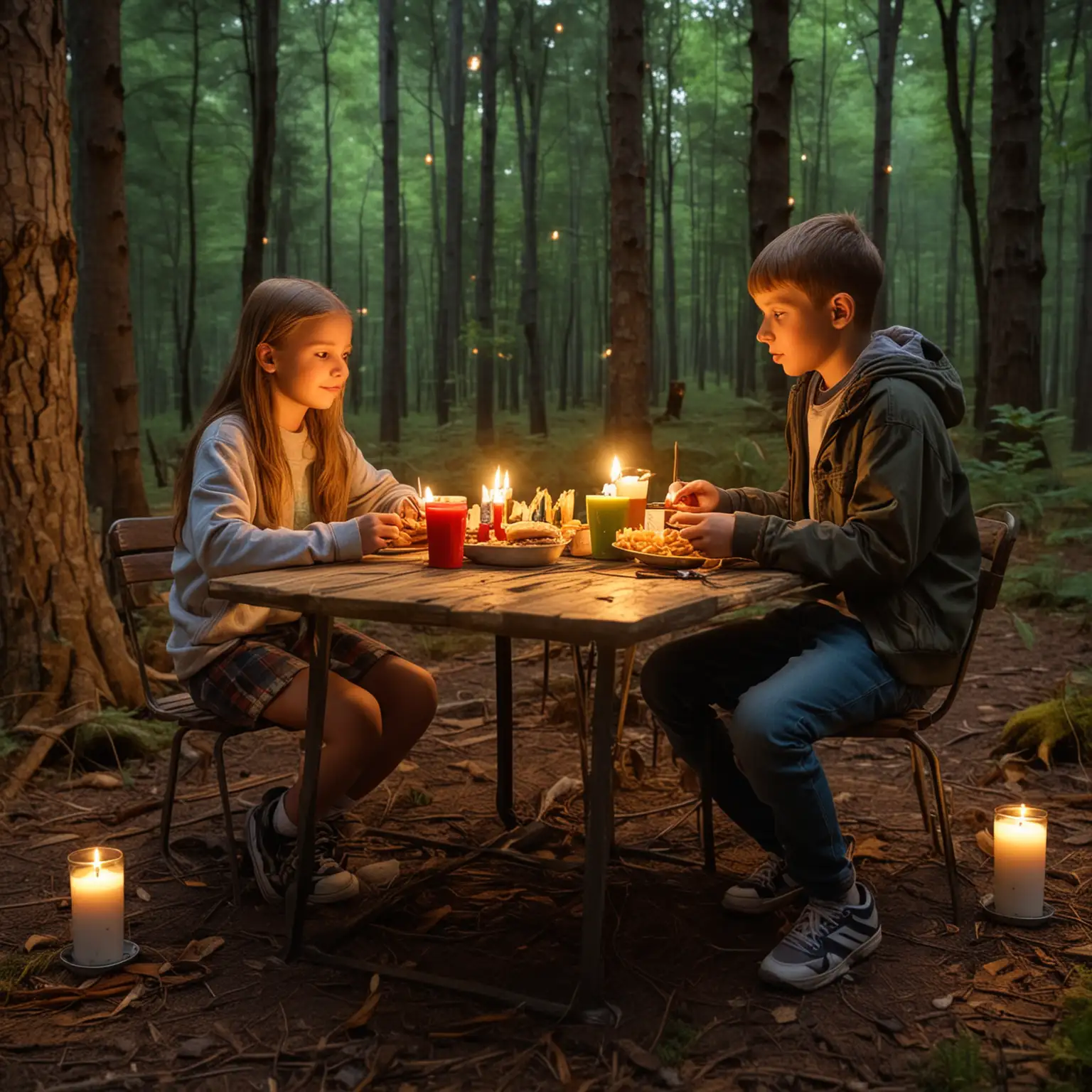 Children-Enjoying-Burgers-and-Fries-at-a-Candlelit-Table-in-the-Forest-at-Evening