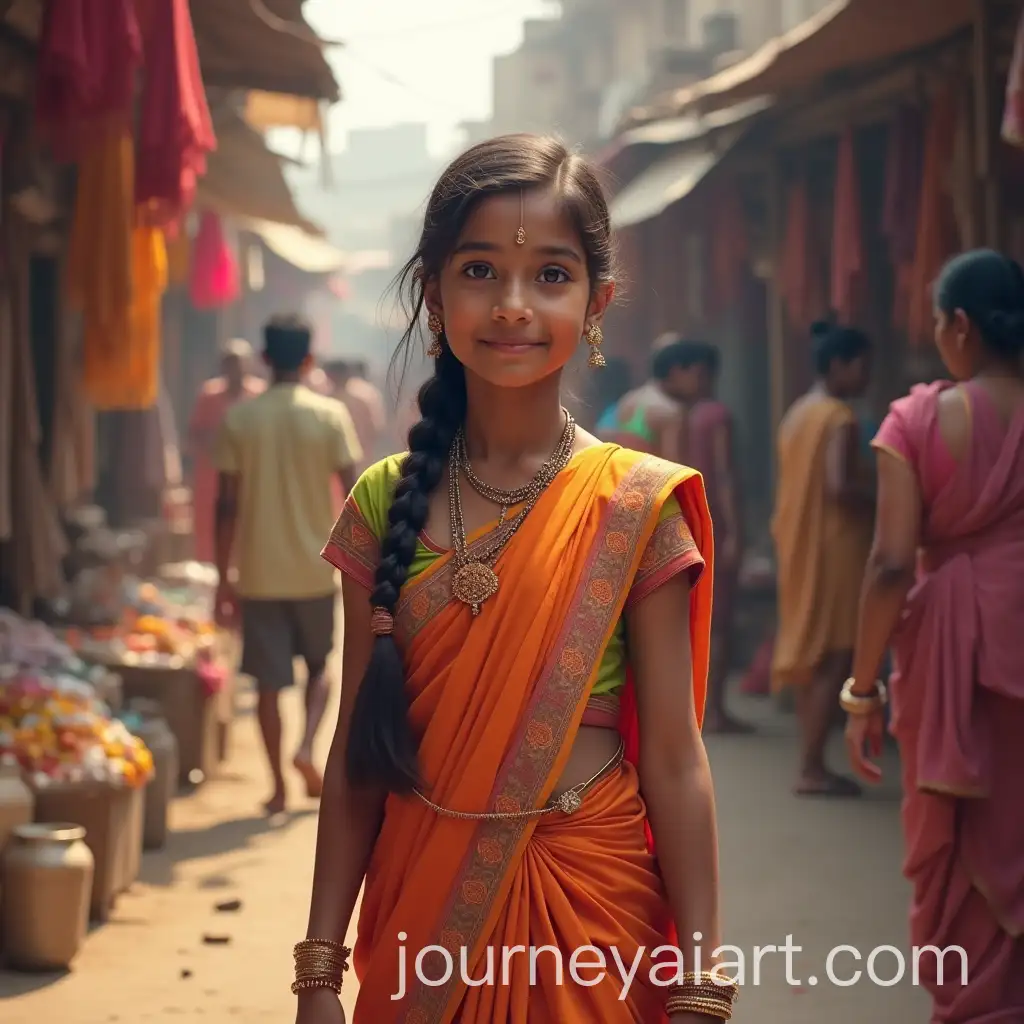 Indian-Girl-in-Colorful-Saree-at-Bustling-Bazaar-with-Market-Stalls