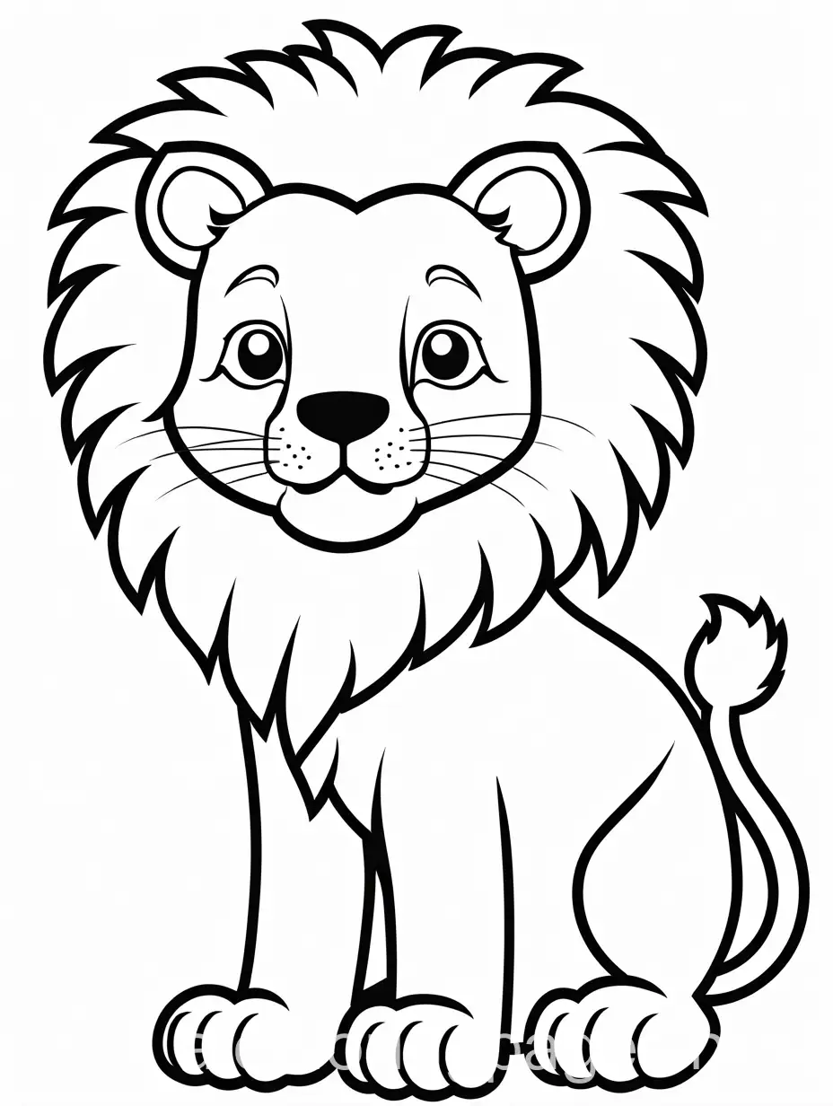 a lion, Coloring Page, black and white, line art, white background, Simplicity, Ample White Space. The background of the coloring page is plain white to make it easy for young children to color within the lines. The outlines of all the subjects are easy to distinguish, making it simple for kids to color without too much difficulty