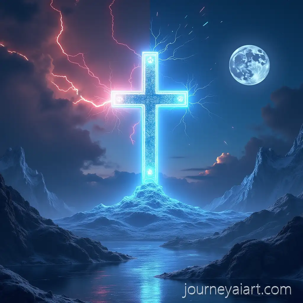 Epic-Divine-Landscape-with-Glowing-Cross-Meteor-Shower-andArmed-in-Faith-Image-Aurora-Borealis
