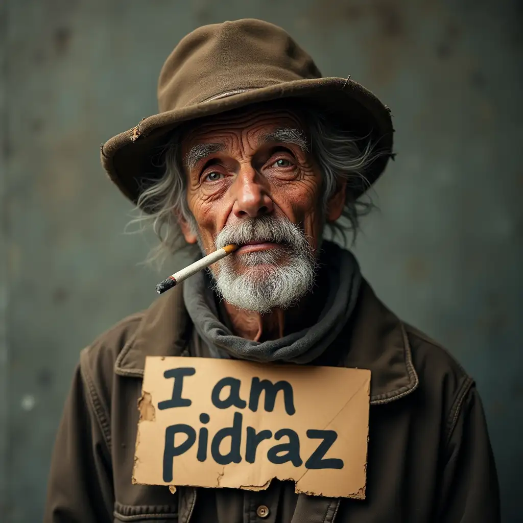 Hobo with a sad face, in torn clothes and a torn hat, on his neck is a cardboard sign that says 'I am pidraz' and there is a cigarette in his mouth