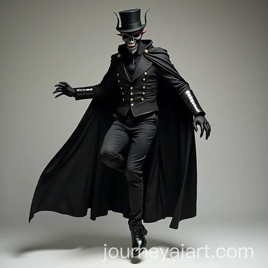 Man-in-Demon-Mask-and-Top-Hat-Jumping-Pose-with-Steel-Armor-and-Clawed-Gloves