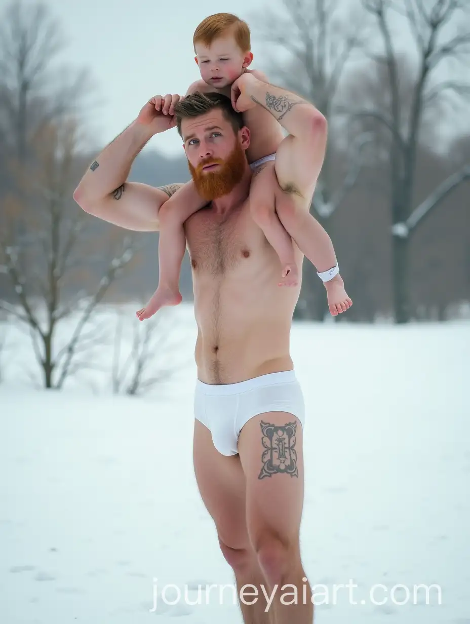 Beefy-Father-Lifting-Son-in-Snowy-Landscape-with-Ginger-Beard-and-Tattoos
