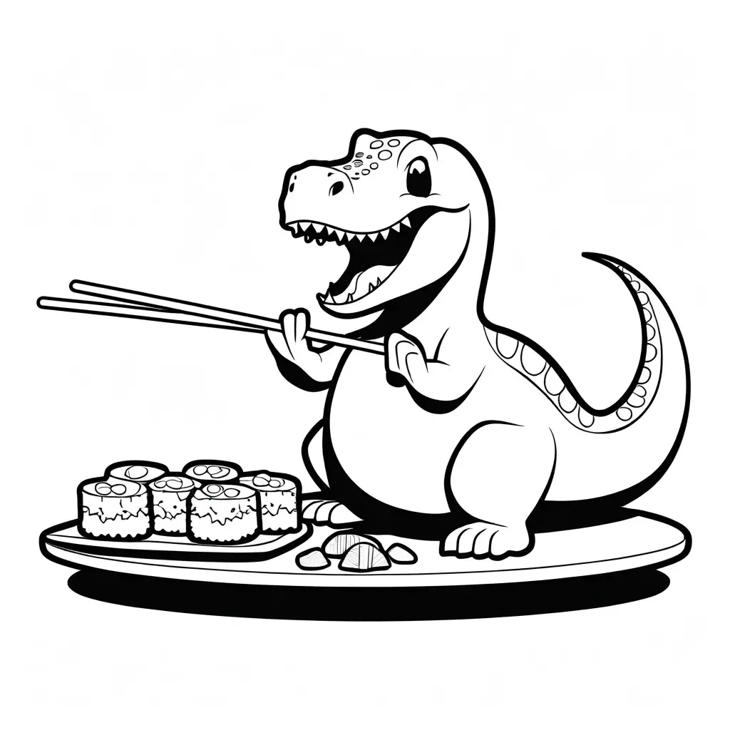 a cartoon dinosaur eating sushi, Coloring Page, black and white, line art, white background, Simplicity, Ample White Space. The background of the coloring page is plain white to make it easy for young children to color within the lines. The outlines of all the subjects are easy to distinguish, making it simple for kids to color without too much difficulty