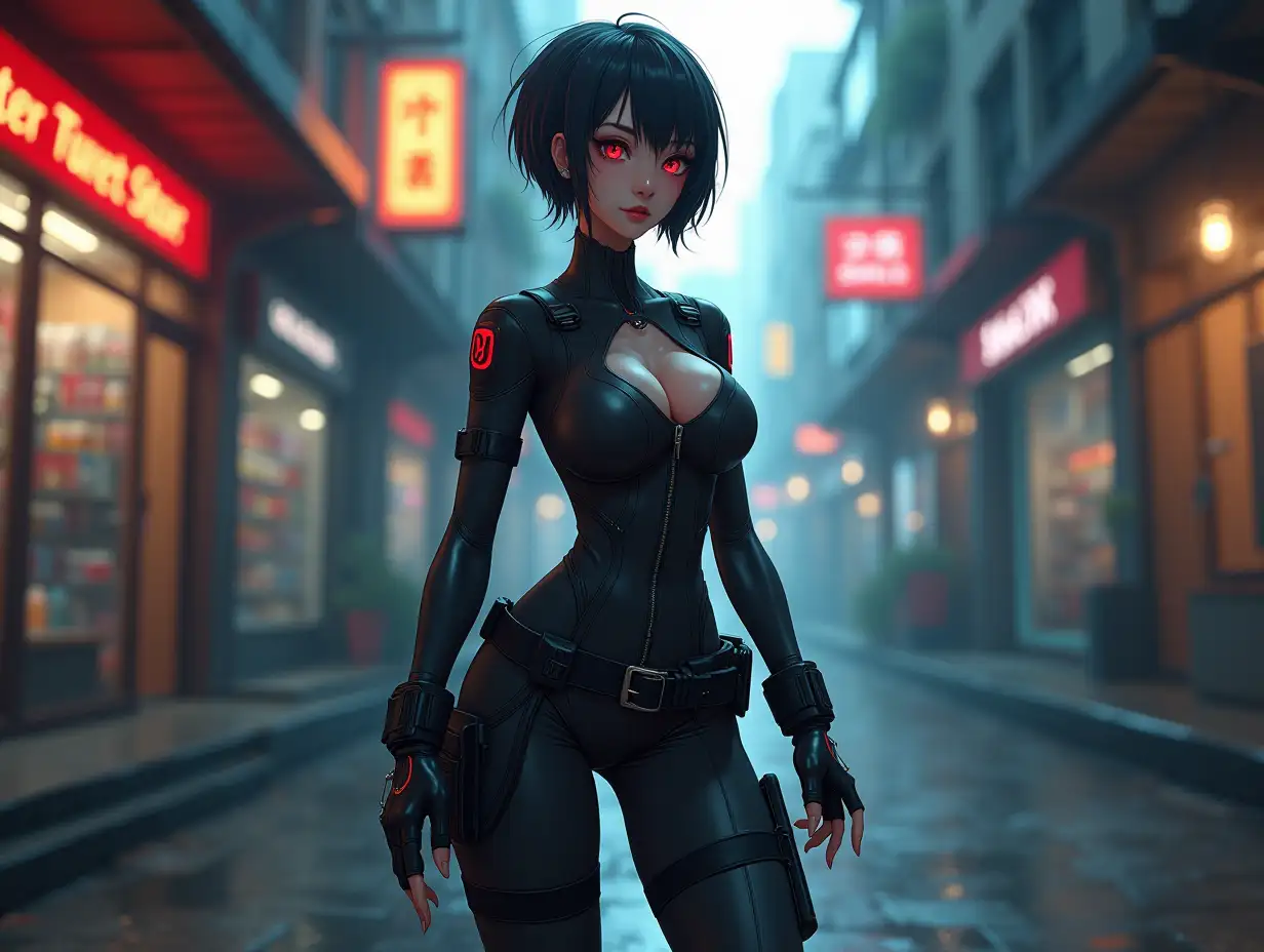 Short hair, mature Asian woman thief cyber runner in a dynamic full-length pose, eyes with red electronic pupils, large breast, extreme skintight body glove zipped down with cleavage, combat boots and combat belt. Full view of her body from boots up, low wide angle. Future store filled city alley street. Anime