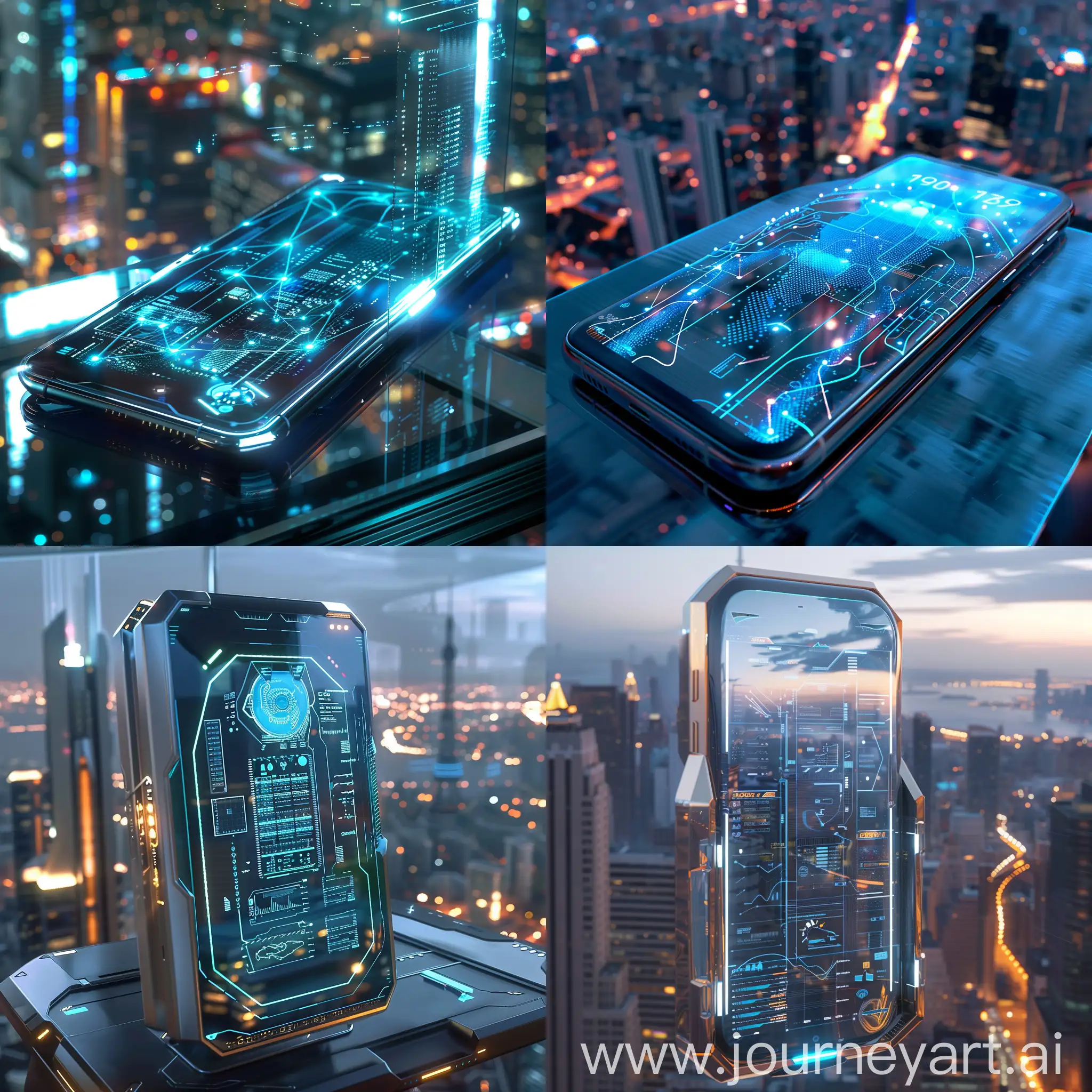 Futuristic-Smartphone-with-Holographic-Display-in-Urban-Dusk-Scene