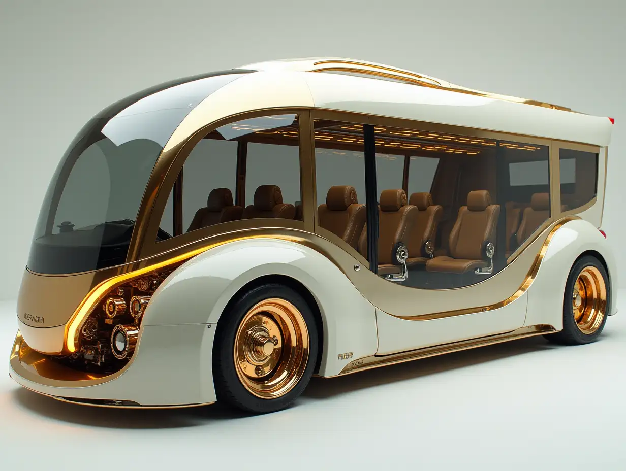 Supermodern utopian sports Omnibus with gears, lowered chassis, 18-inch rims, aluminum wheels, Creamy White Gold, Cyberpunk.