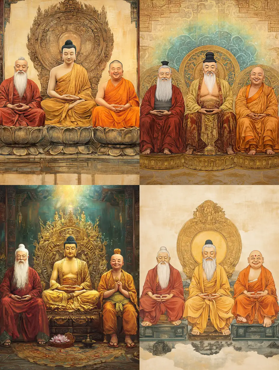 Three-Buddhist-Figures-Meditating-in-a-Splendid-Chinese-Temple