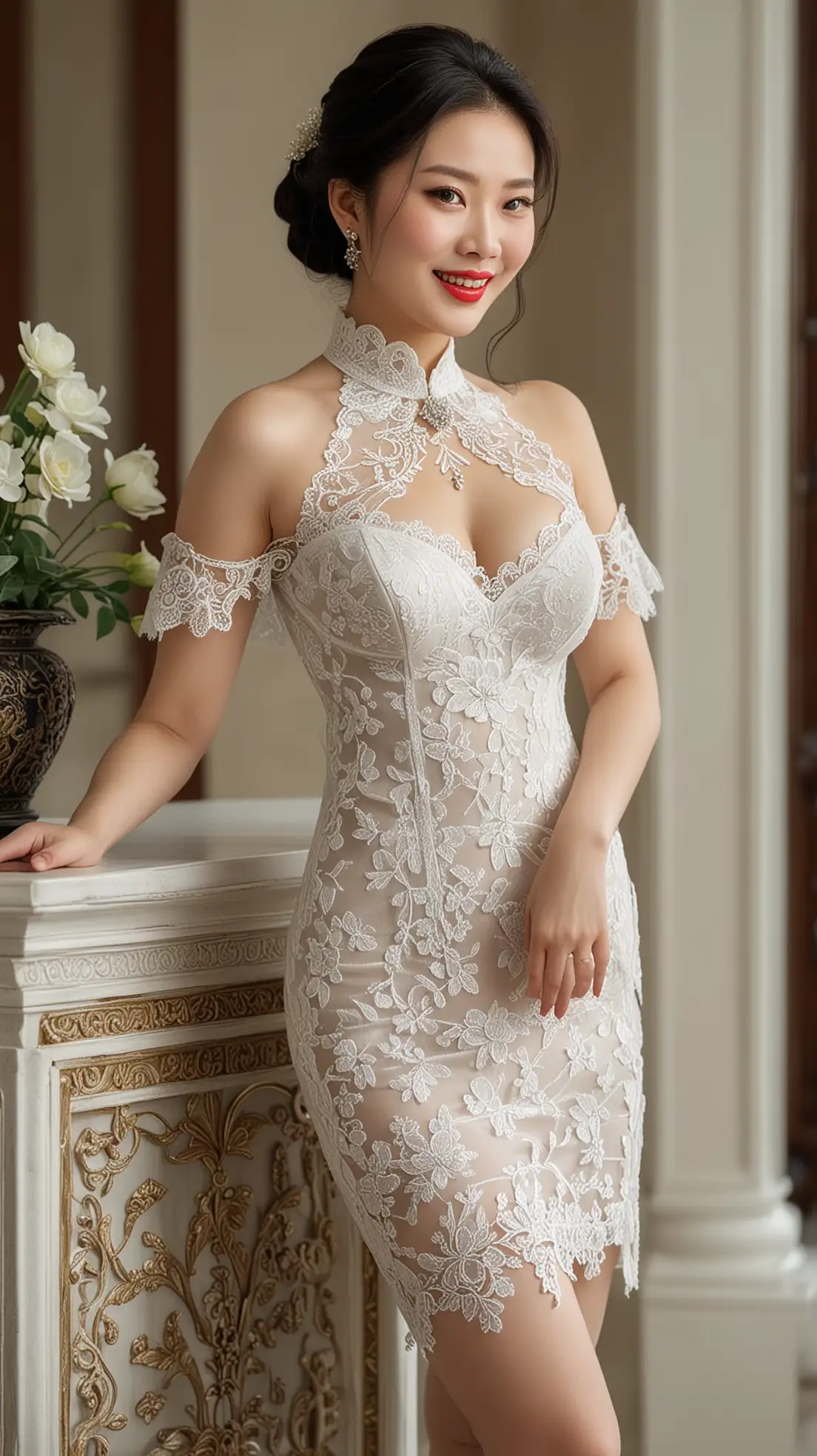 Full figure,1elegant Chinese mature woman,red lips,smile, elegant lace tight dress white stockings, jewelry, luxury hall , flower, the most beautiful image ever seen, realistic, uhd, RAW, sharp focus, photo realistic, best quality, China, ultra high res, masterpiece <lora:Chinabody15:0.8>