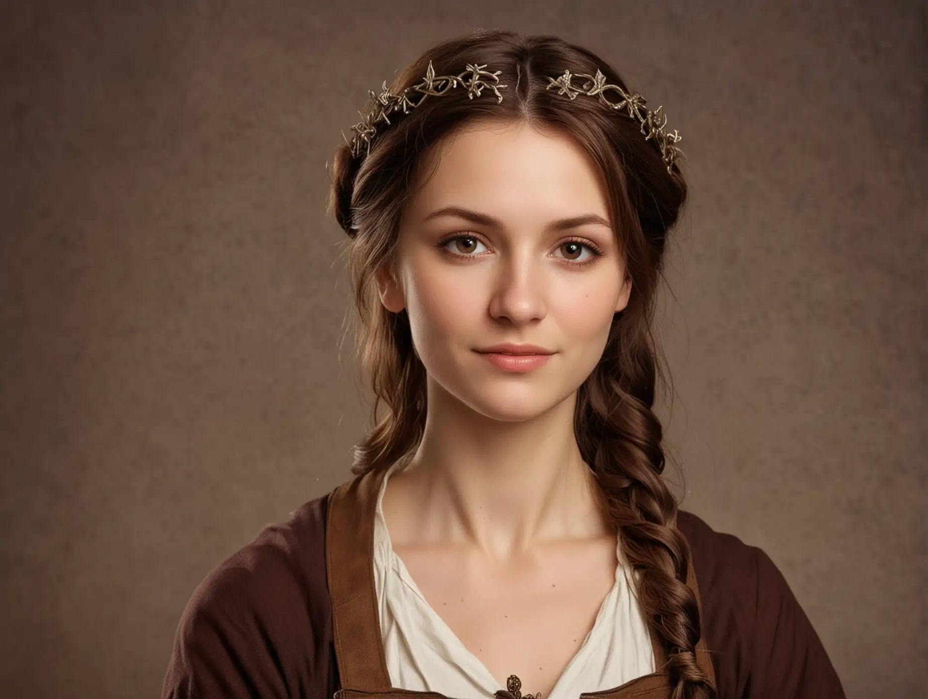 female, cute, medieval healer, early thirties looking, brown