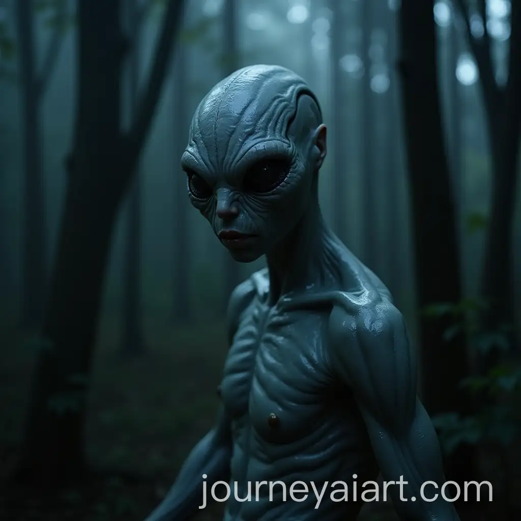 Alien-Creature-in-Forest-at-Night-with-Wet-Blueish-Skin-and-Veins