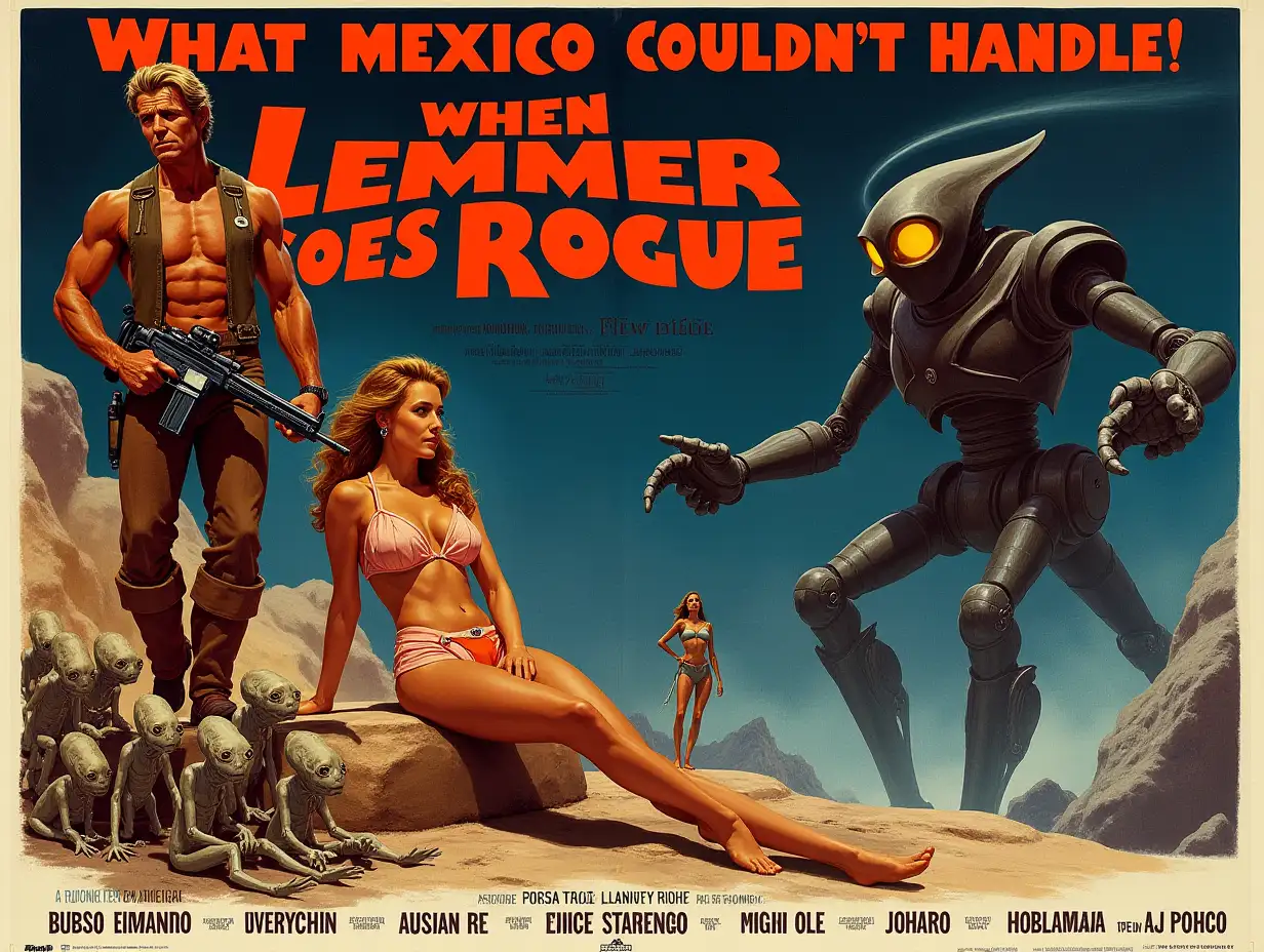 Create a vintage 1970s disaster movie poster titled 'When Lemner Goes Rogue'. The design should mimic classic sci-fi aesthetics. Feature a stern-looking action hero carrying a futuristic weapon, a reclining space princess in an electronic bikini, a group of small, friendly looking aliens and a large demonic looking robot with glowing orange eyes. Include the tagline 'WHAT MEXICO COULDN'T HANDLE!' at the top. Display actor names like TOM LOVERIDGE