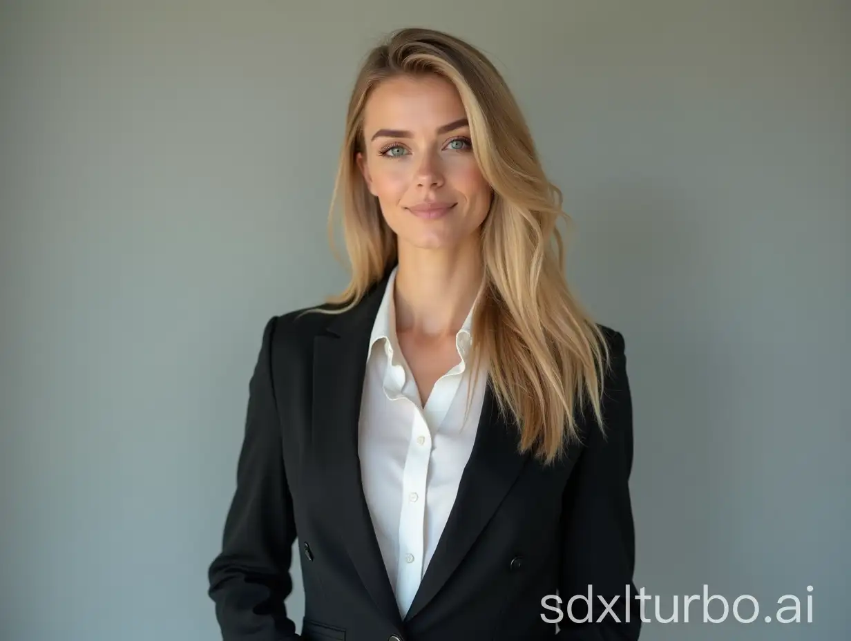 a corporate photorealistic young blonde woman in a blazer, portrait