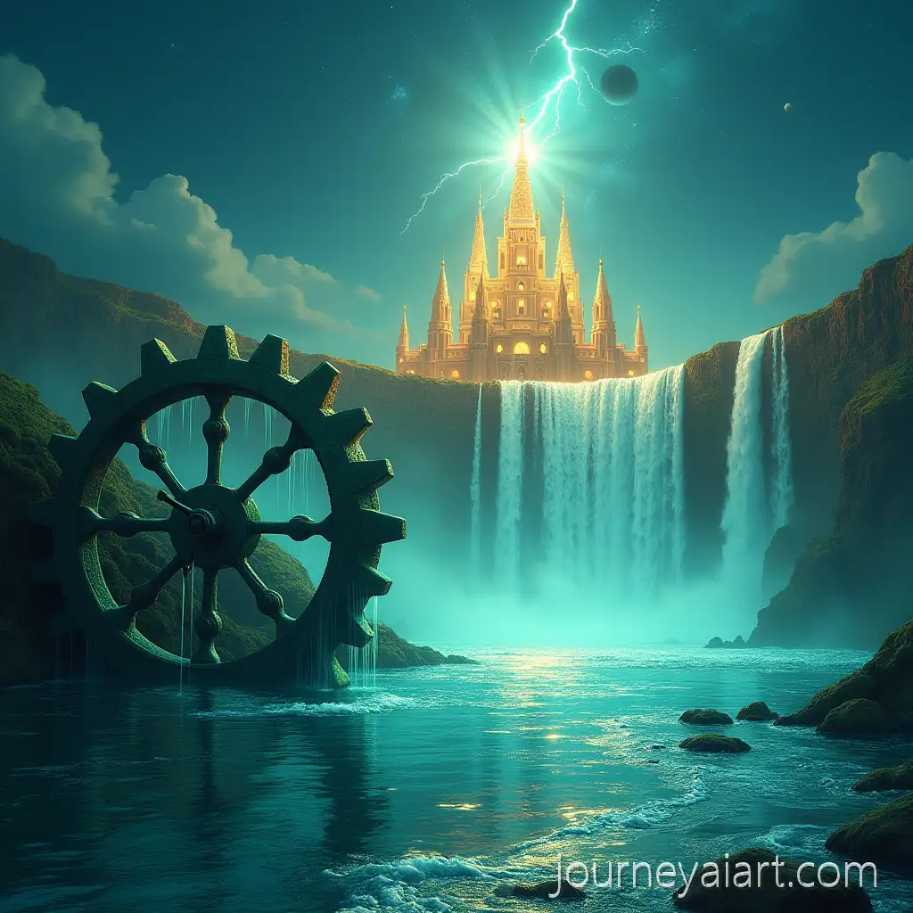 Rivers-of-Time-Mystical-Water-Landscape-with-Watermill-Waterfall-and-Luminous-Castle