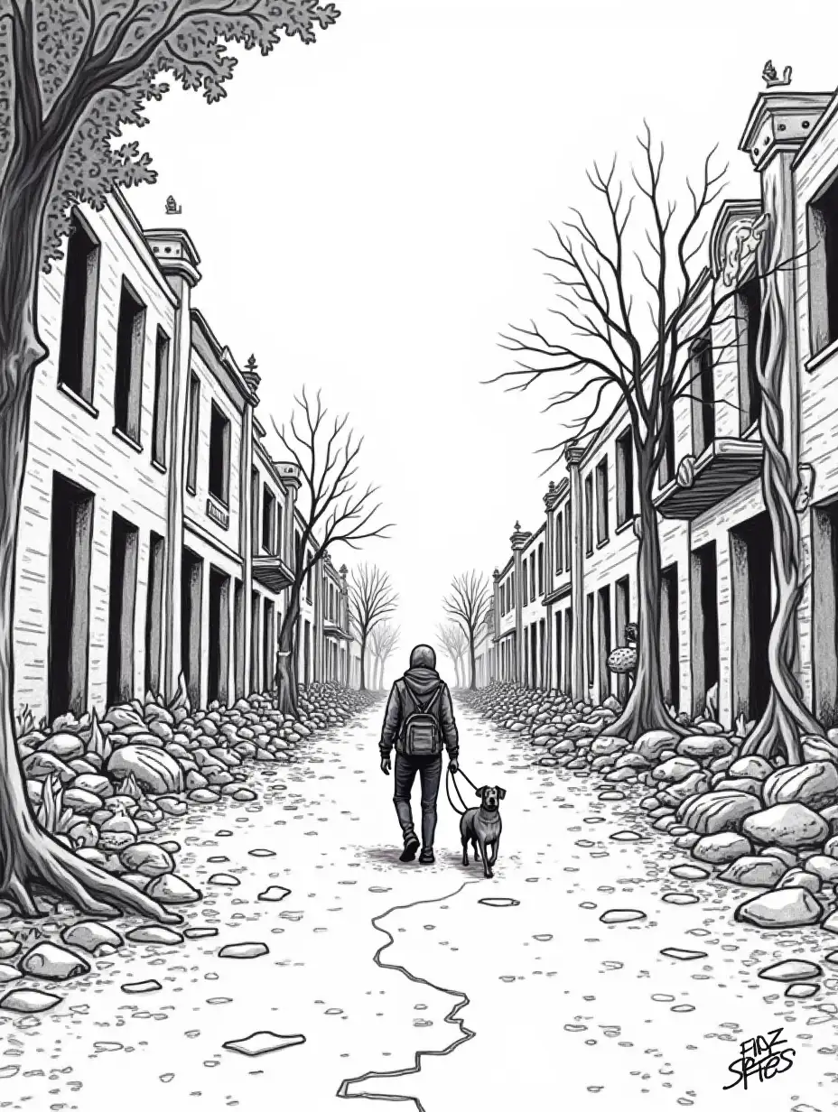 user_prompt: A survivor with a dog, walks on a street consisting of ruins, overgrown with trees. Black and white drawing.