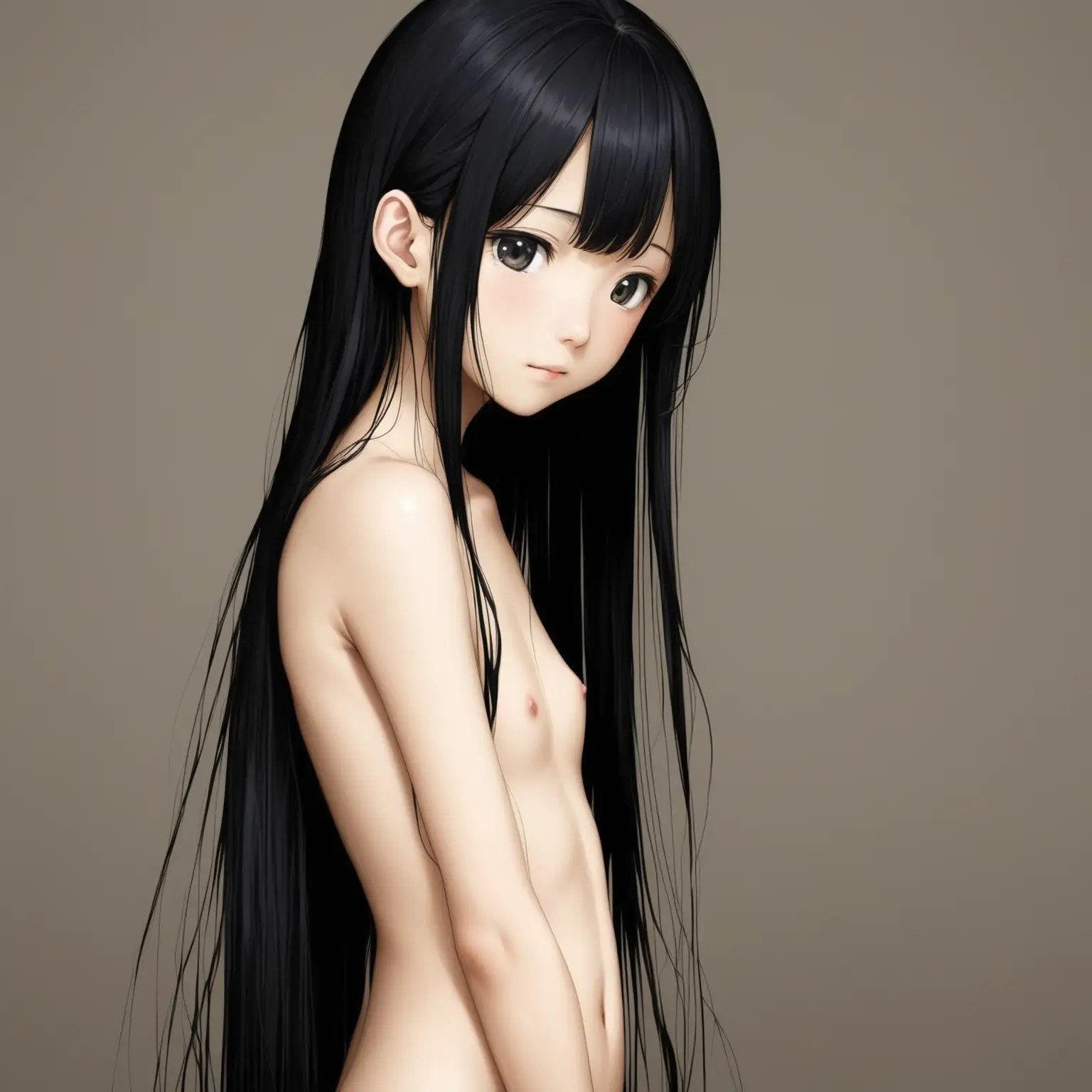 Japanese girl, 18 years old, very thin, long black hair, her ears are covered by hair, completely naked 