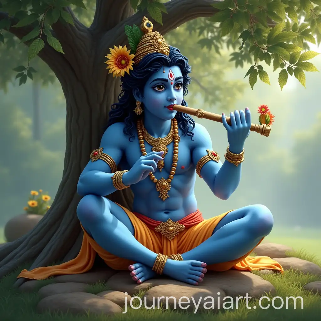 Lord-Krishna-with-Radiant-Blue-Skin-Playing-Flute-Under-a-Tree