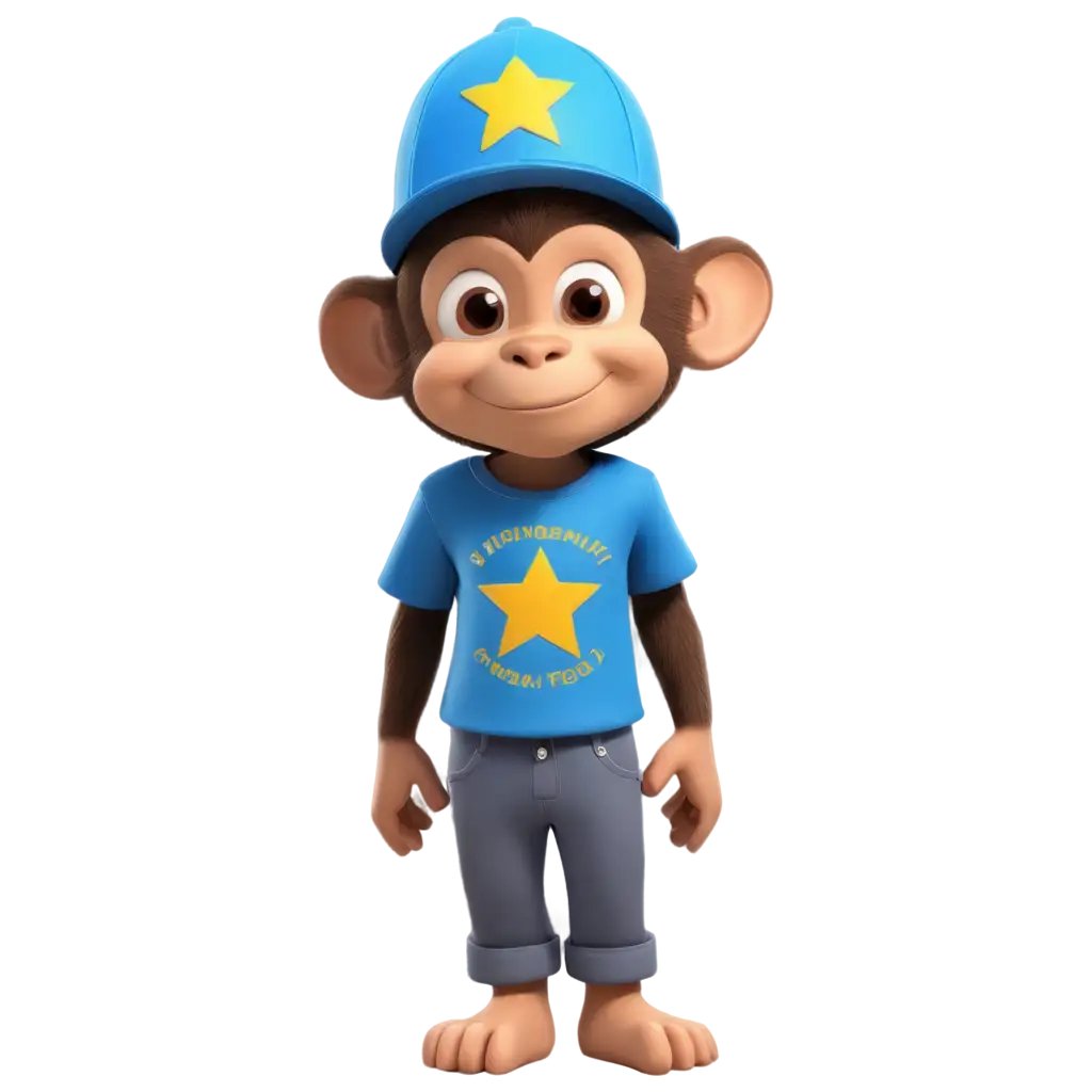 3D-Cartoon-PNG-Image-of-Monkey-Child-in-Blue-TShirt-with-Banana-Hat-Perfect-for-Various-Creative-Uses