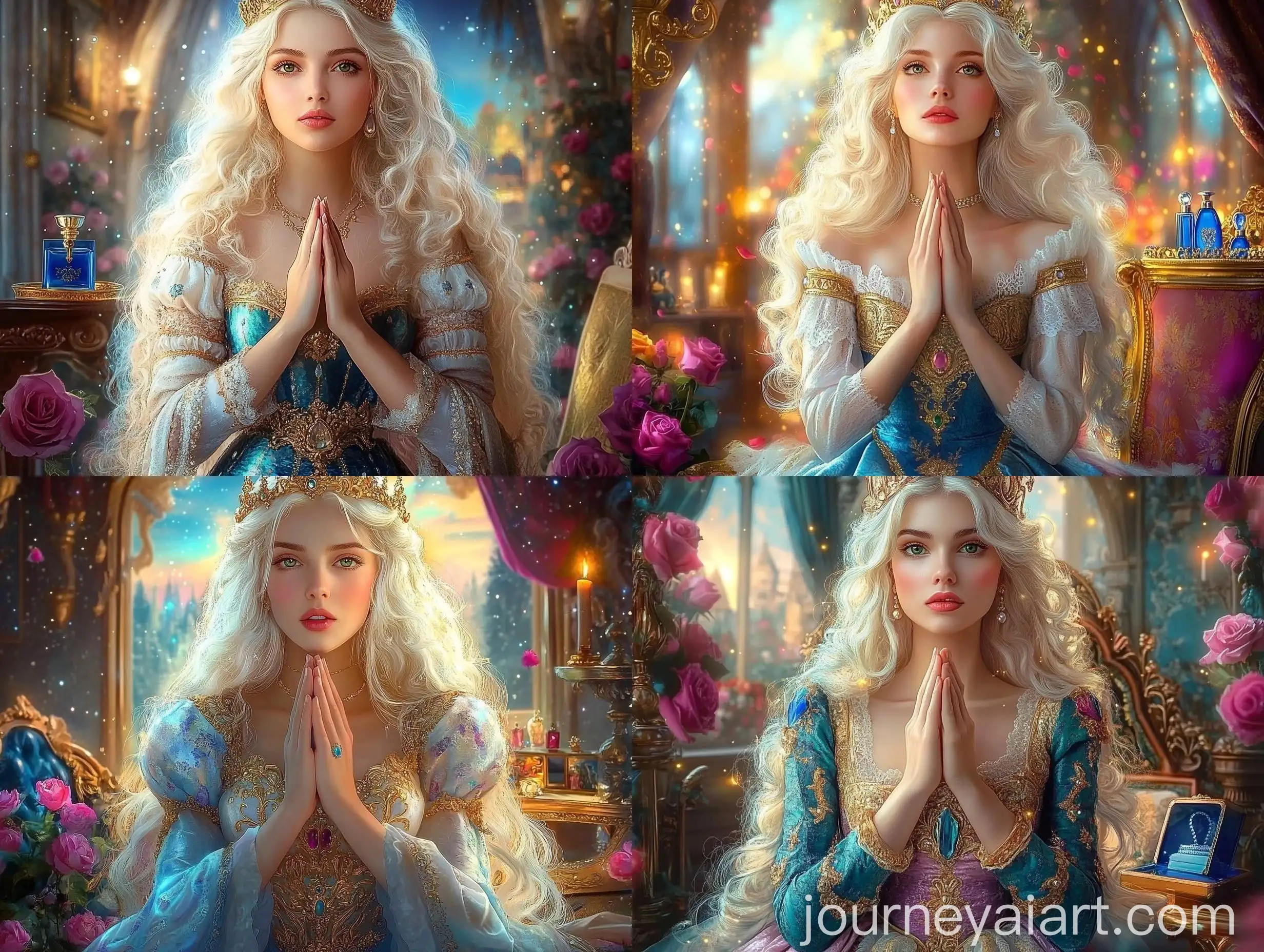 Medieval-Woman-in-Luxurious-Room-with-Praying-Hands-and-Fairy-Lights