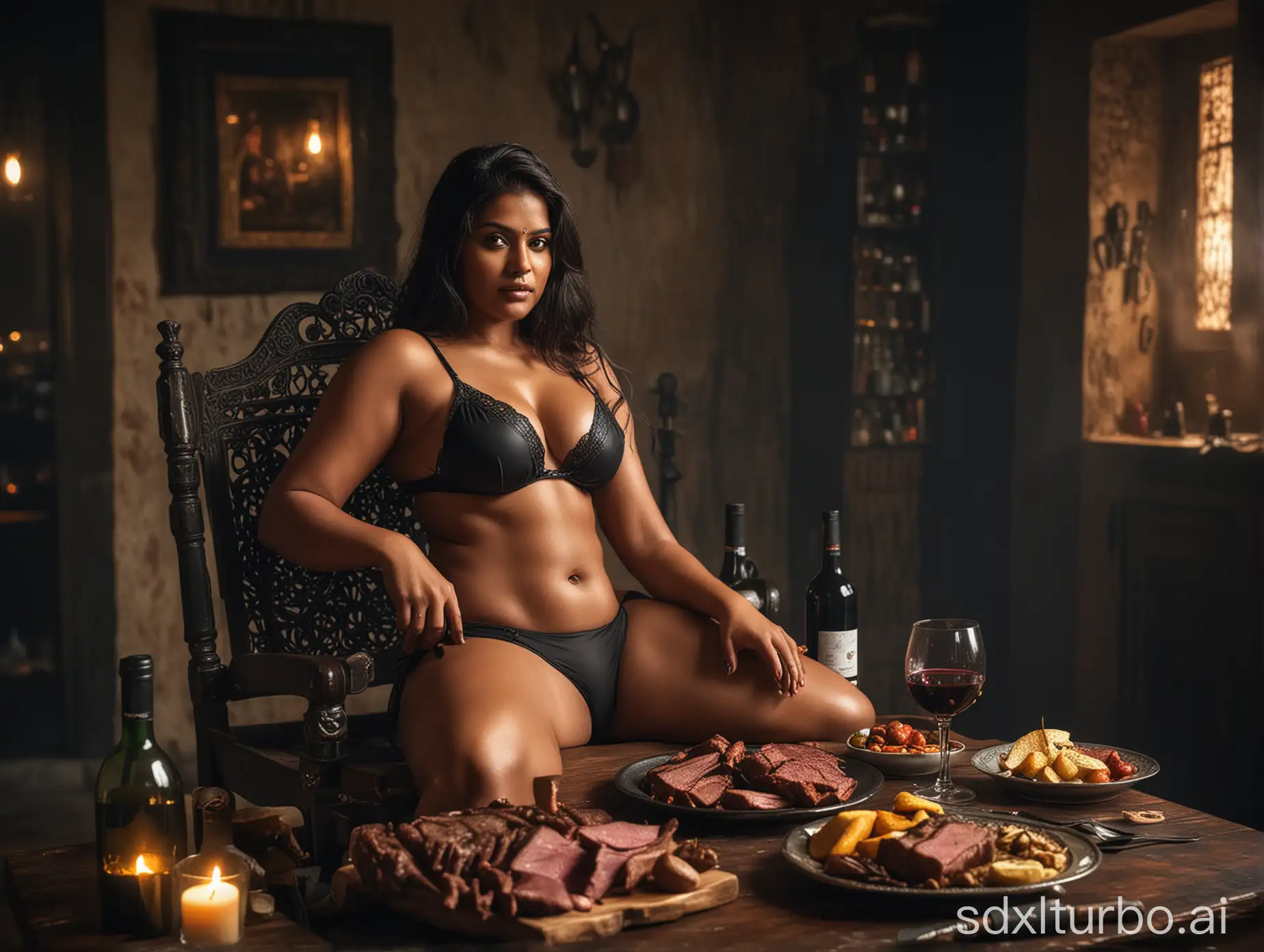 Thick-Indian-Woman-Enjoying-Wine-and-Roasted-Beef