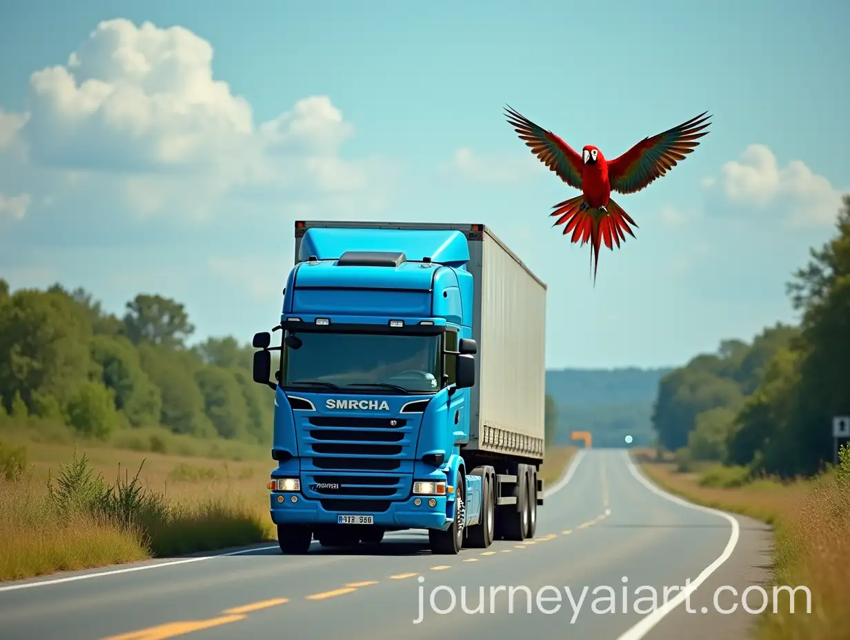 Electric-Blue-Truck-Driving-with-Majestic-Red-Macaw-Parrot-in-Bright-Summer-Landscape