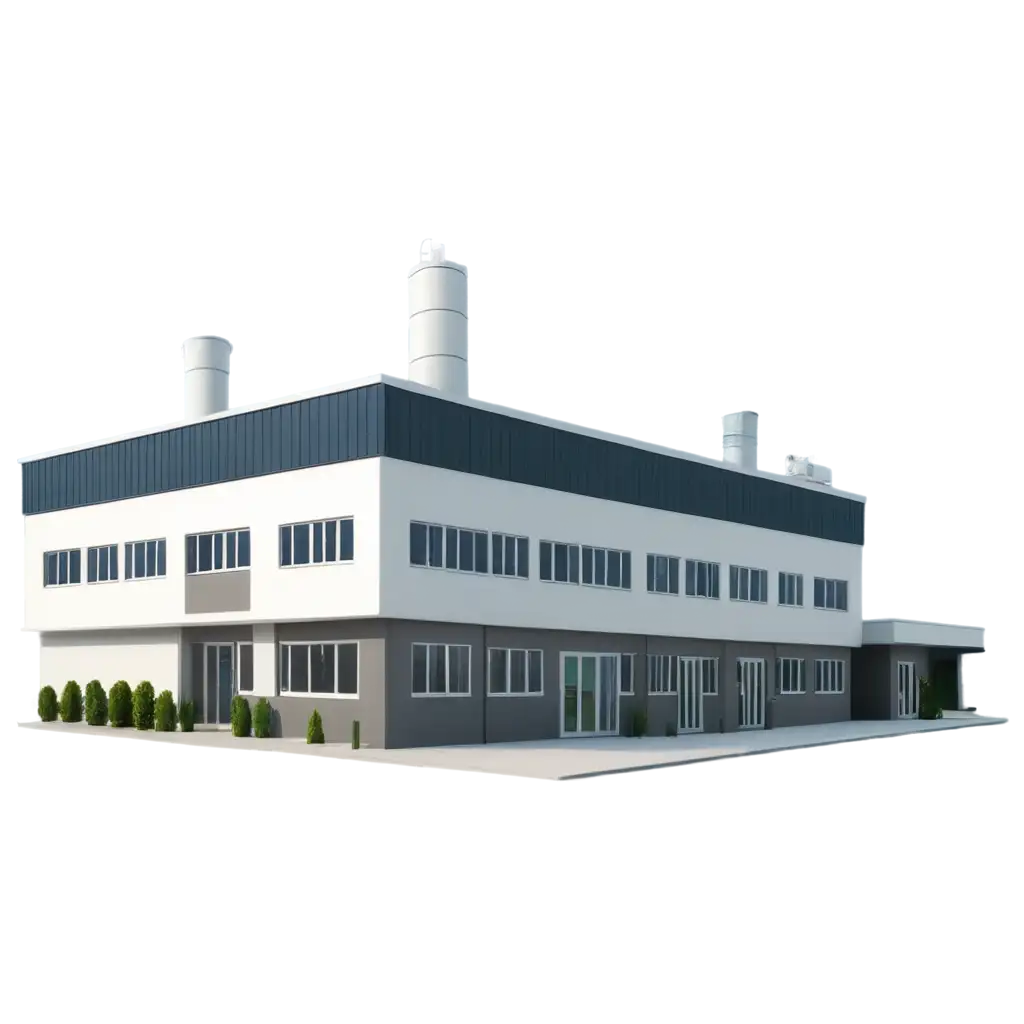 exterior, building photo, small factory workshop with two pipes and office building, modern production, realistic photo