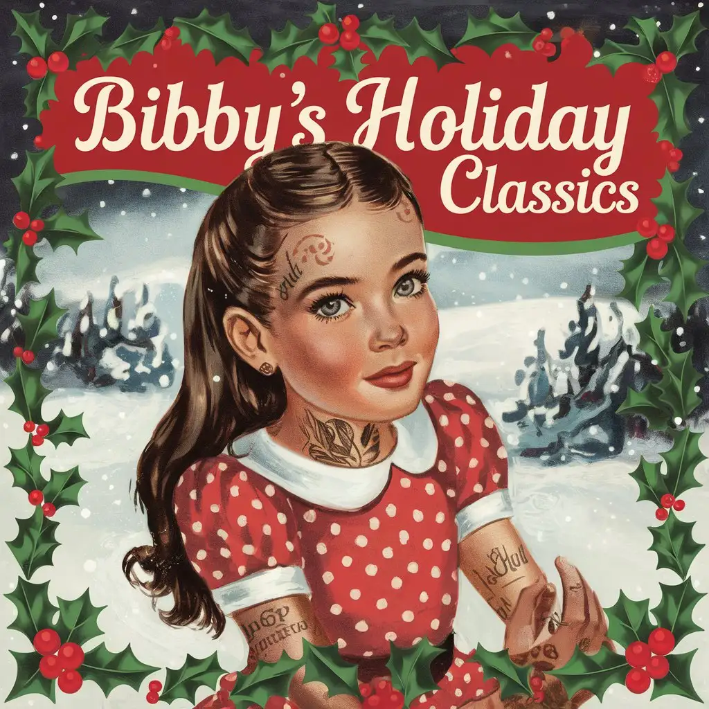 1950s Christmas Album Art Featuring a Tattooed Brunette Girl with Grey Eyes and Holly Accents