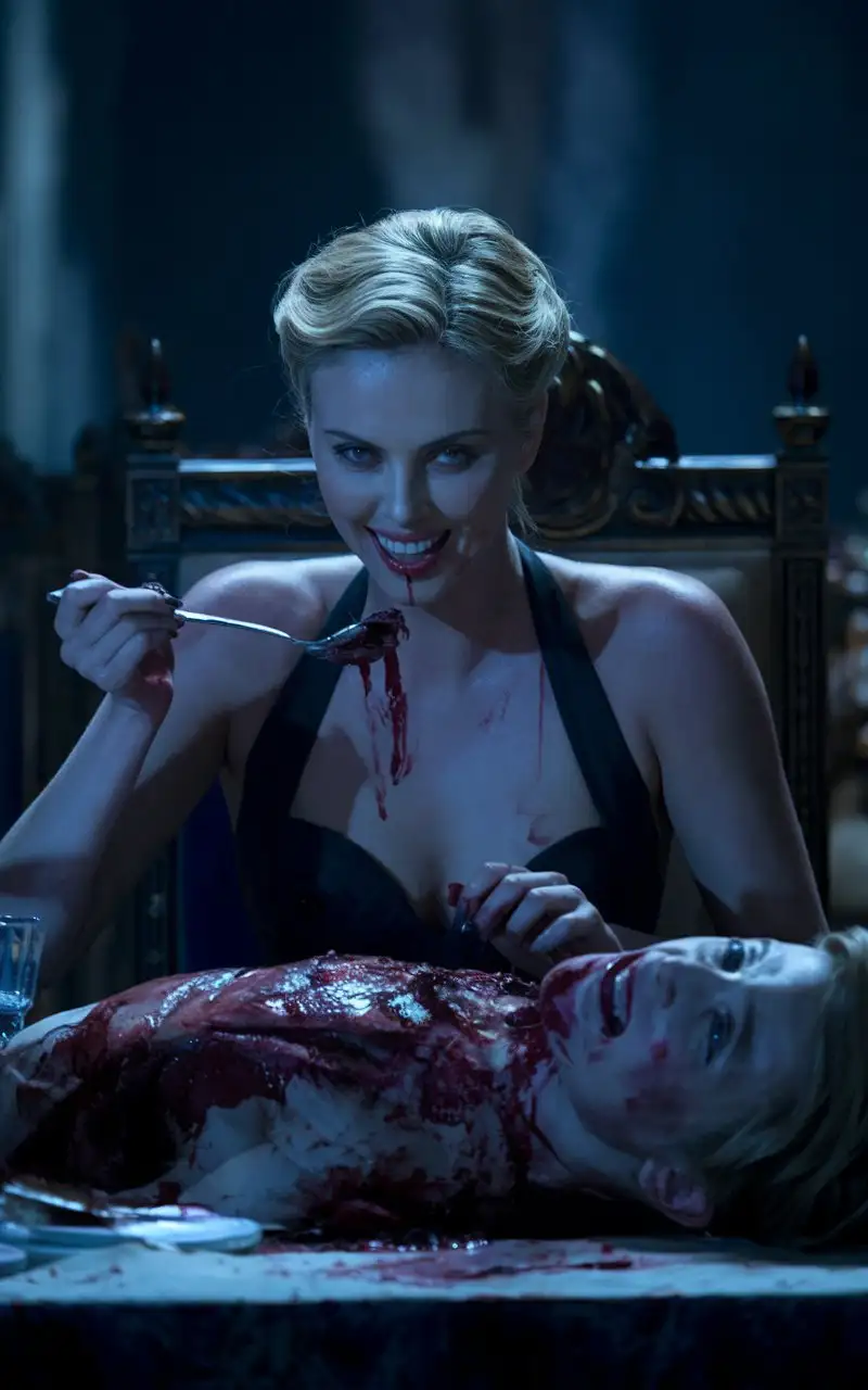 Charlize Theron sit at a high table, indulging in a grisly feast of a young man.  they exude a sinister mix of seduction and menace, their smiles as dangerous. , cinematic, photo , 4k
