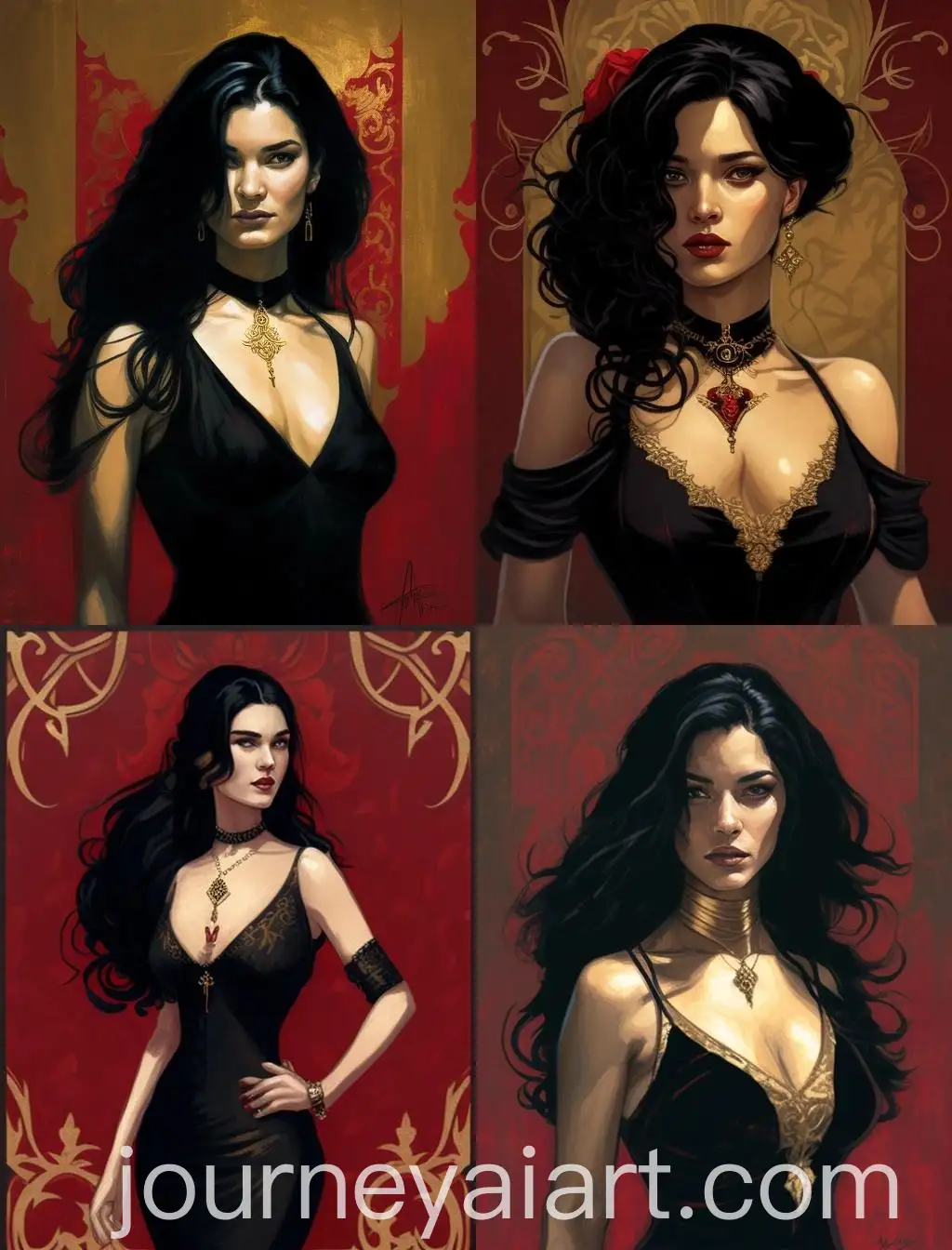 Confident-Woman-in-Black-Dress-with-Lace-Detailing-on-Textured-Gold-Background