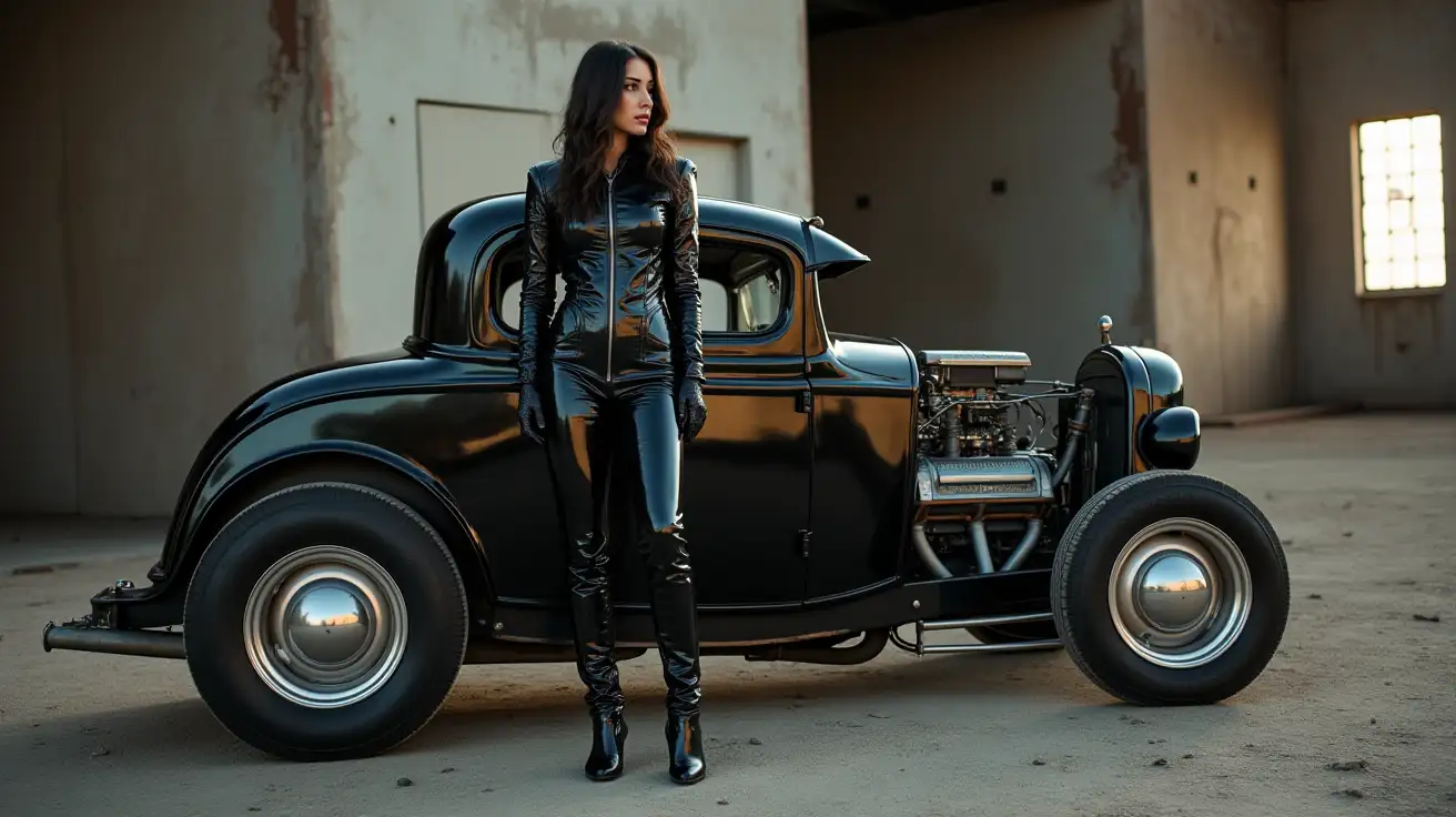 Woman-in-Shiny-Black-PVC-Outfit-Standing-Next-to-Rat-Rod-at-Abandoned-Factory