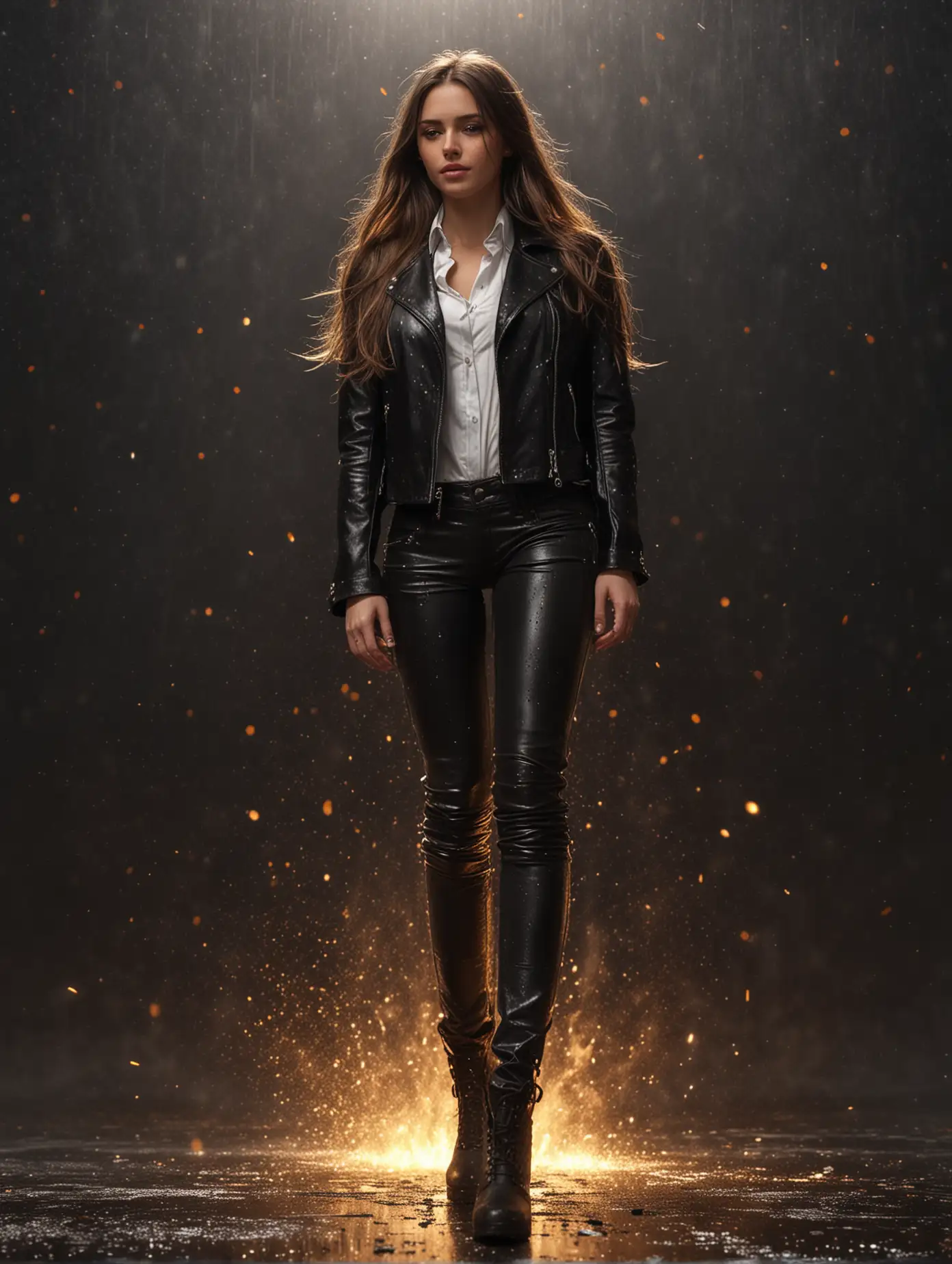 Person-with-Long-Brunette-Hair-Standing-in-Dark-Space-with-Fire-and-Golden-Sparkling-Rain