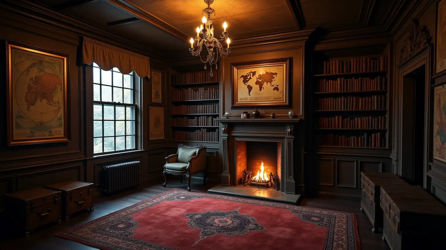 mysterious old-fashioned office/parlor with a fireplace and chandelier. Secret doors behind book shelves and map paintings. Several antique trunks next to the wall.