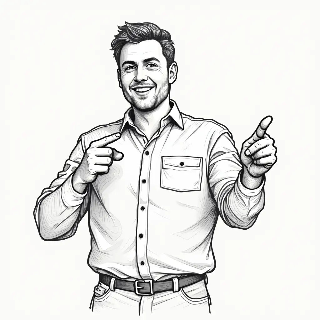 Man sketch pointing hands towards with brand name pickup-dude