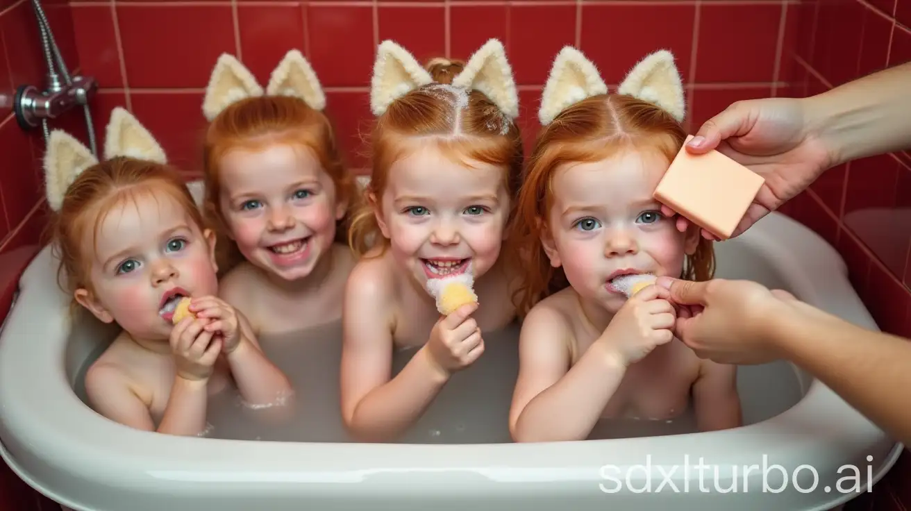 Mother-and-Four-Adorable-Redhead-Daughters-Bathing-Together-in-Preschool-Tub