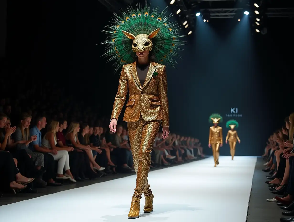 Ki-Fantasy, a mix of man-, snake and peacock head design with beautiful shoes at a fashion show