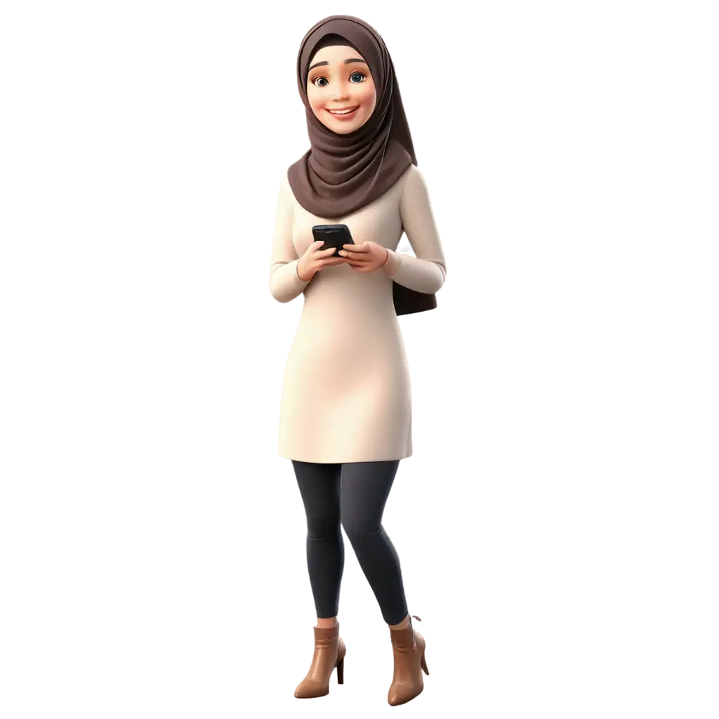 3D-Women-Smiling-in-Hijab-and-Using-a-Handphone-PNG-Image-for-Versatile-Applications