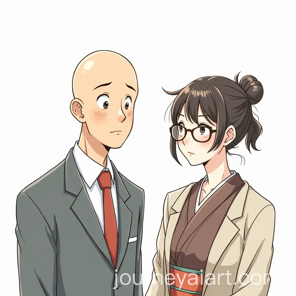 Humorous-Drawing-of-a-Balding-Accountant-Man-and-His-Wife-in-Japanese-Costumes