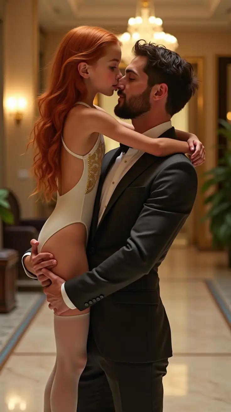 a man is lifting a petite girl, who has her arms around his neck, in the lobby of a luxury hotel. girl has very long wavy copper hair, bright green eyes and is wearing a white leotard with gold markings, and thigh high stockings. girl is kissing the man.