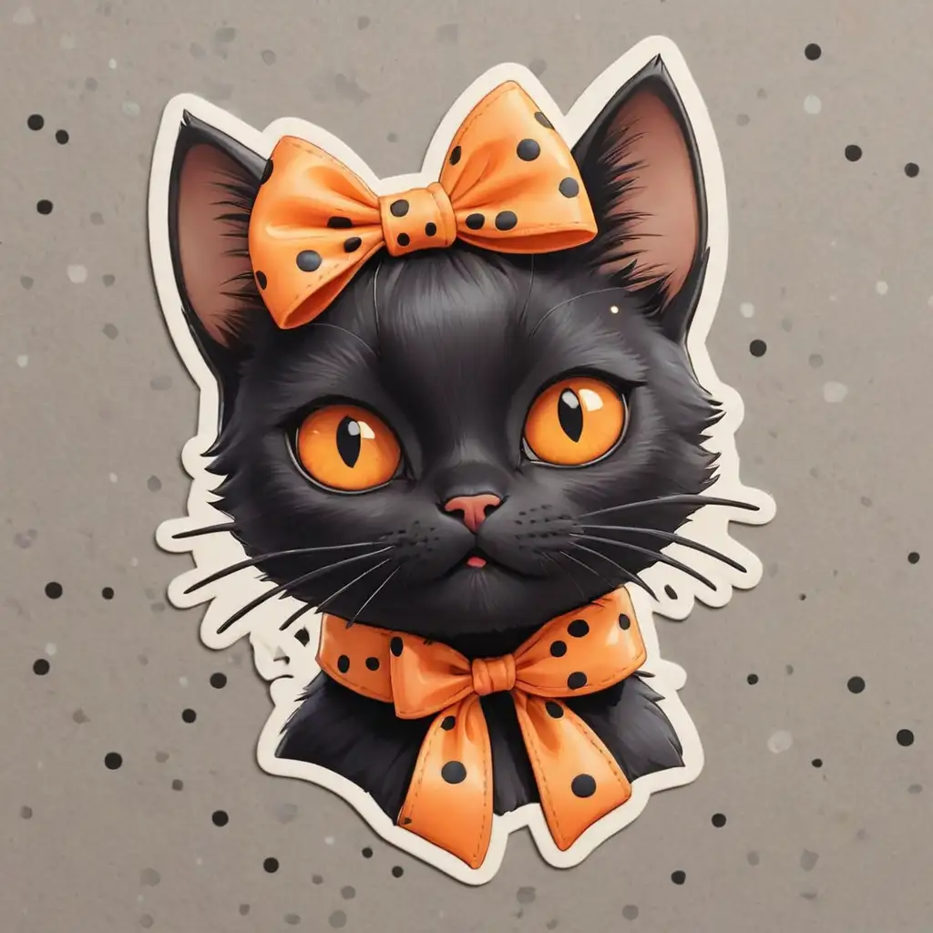 Adorable Black Cat with Orange Coquette Bow Kawaii Sticker Design