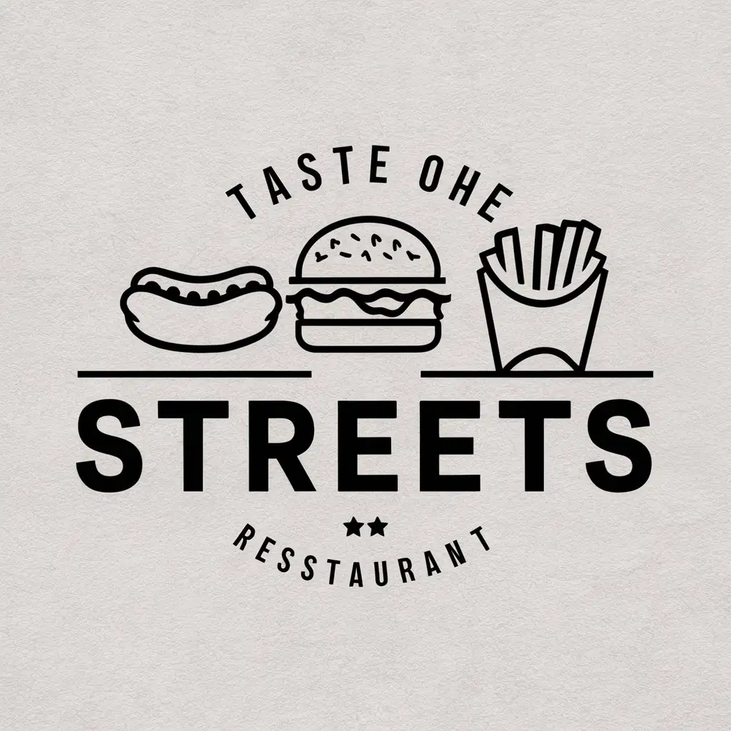 a vector logo design,with the text "Taste of the streets", main symbol:Burger, hot dog, french fries,Minimalistic,be used in Restaurant industry,clear background