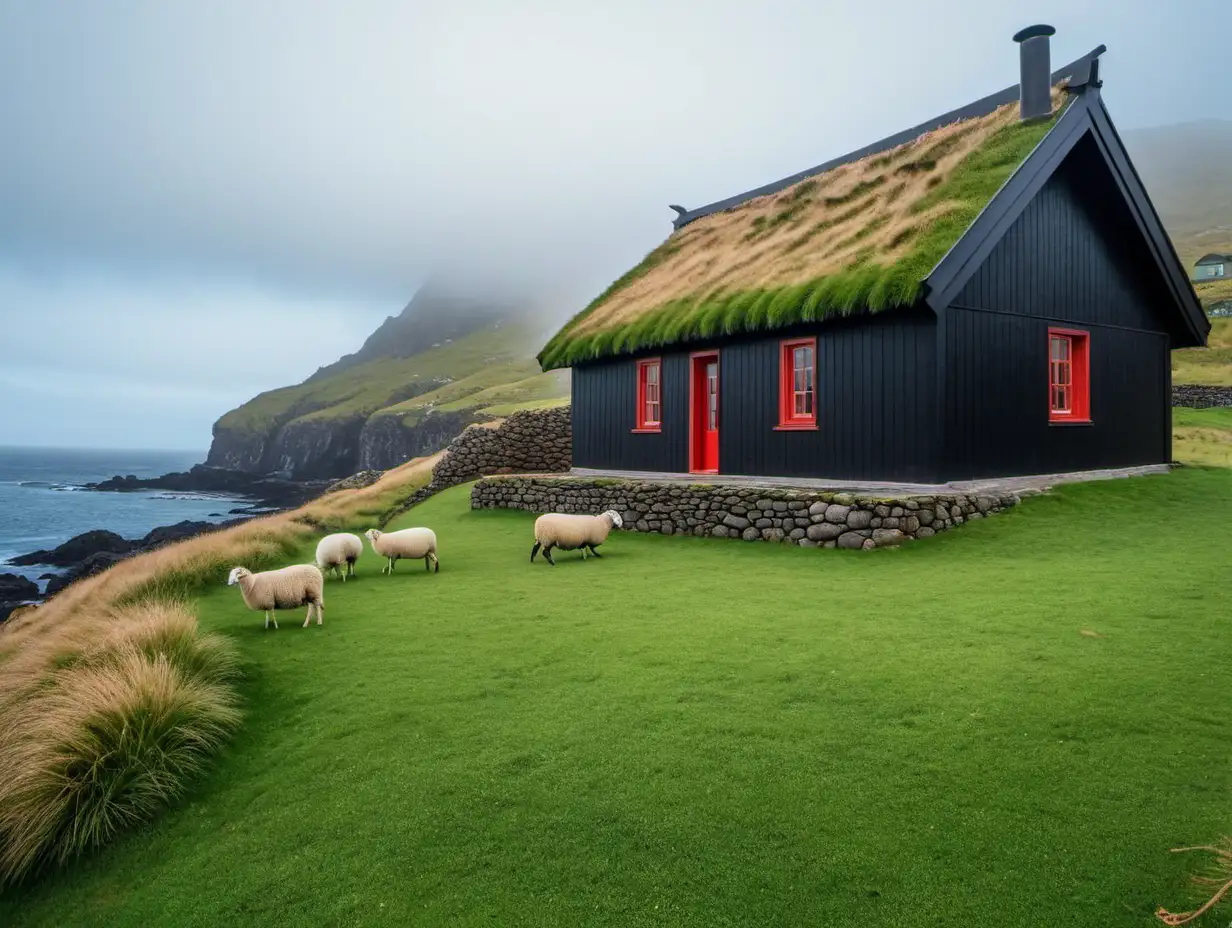 Traditional-Faroese-House-Amidst-Grazing-Sheep-and-Foggy-Ocean-Landscape