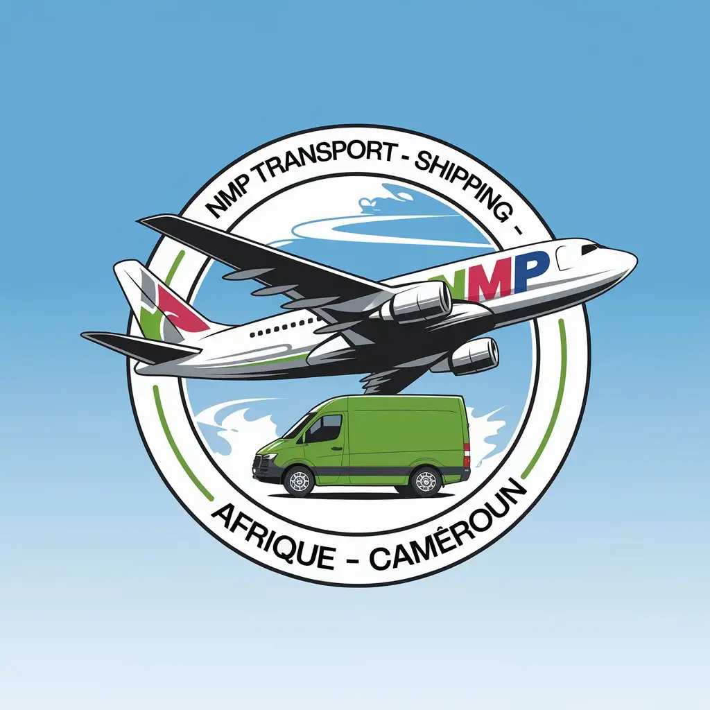 LOGO Design for NMP Transport Green Blue Delivery Van with Flying Airplane in a Circle for Shipping and Travel Industry