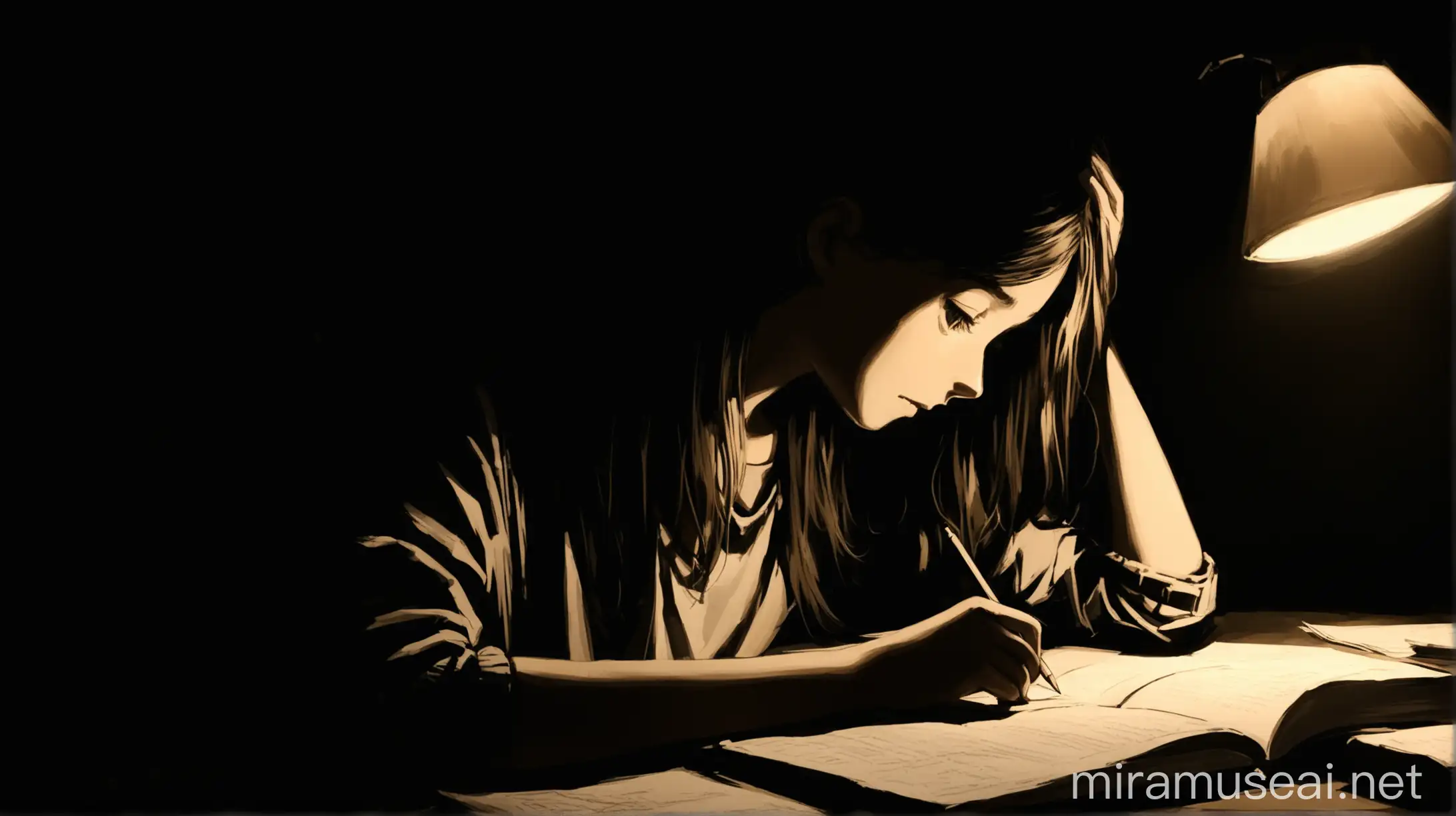 Young Girl Studying in Soft Dim Light