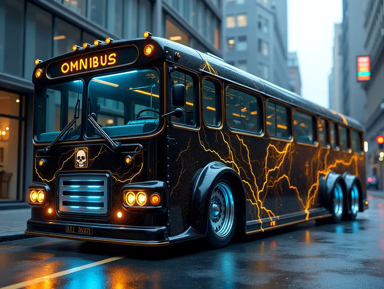 Supermodern utopian sports Omnibus gold black Lightning blue color with Square ornaments   Sport execution, with Death's head, lowered bodywork, 18-inch wide rims, aluminum wheels, Cyberpunk.