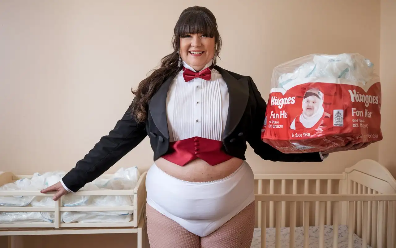 Caucasian-Woman-in-Concert-Tuxedo-Holding-Huggies-Diapers