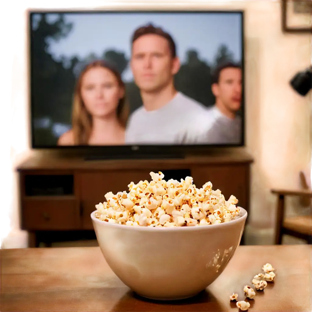 Cozy-Atmosphere-Bowl-of-Popcorn-PNG-Image-with-Blurry-TV-Background