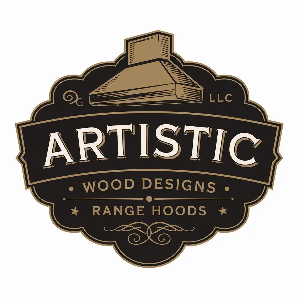 LOGO Design for Artistic Wood Designs LLC Vintage Black Gold with Range Hood Theme