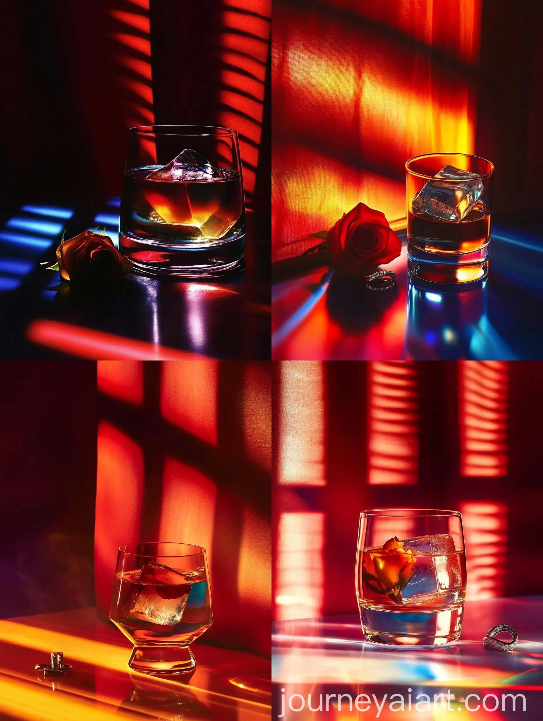 Neon-Light-Through-Venetian-Blinds-on-Cocktail-with-Rose-and-Mens-Ring